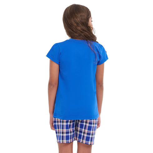 Girls summer pajama set Royal blue t-shirt + Royal blue x Red Checkered shorts